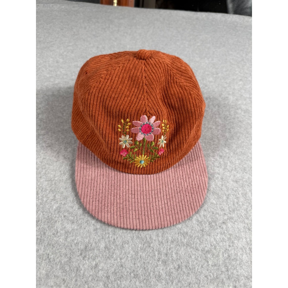 Natural Life Corduroy Baseball Hat OS Orange Pink Floral Embroidery Cottagecore